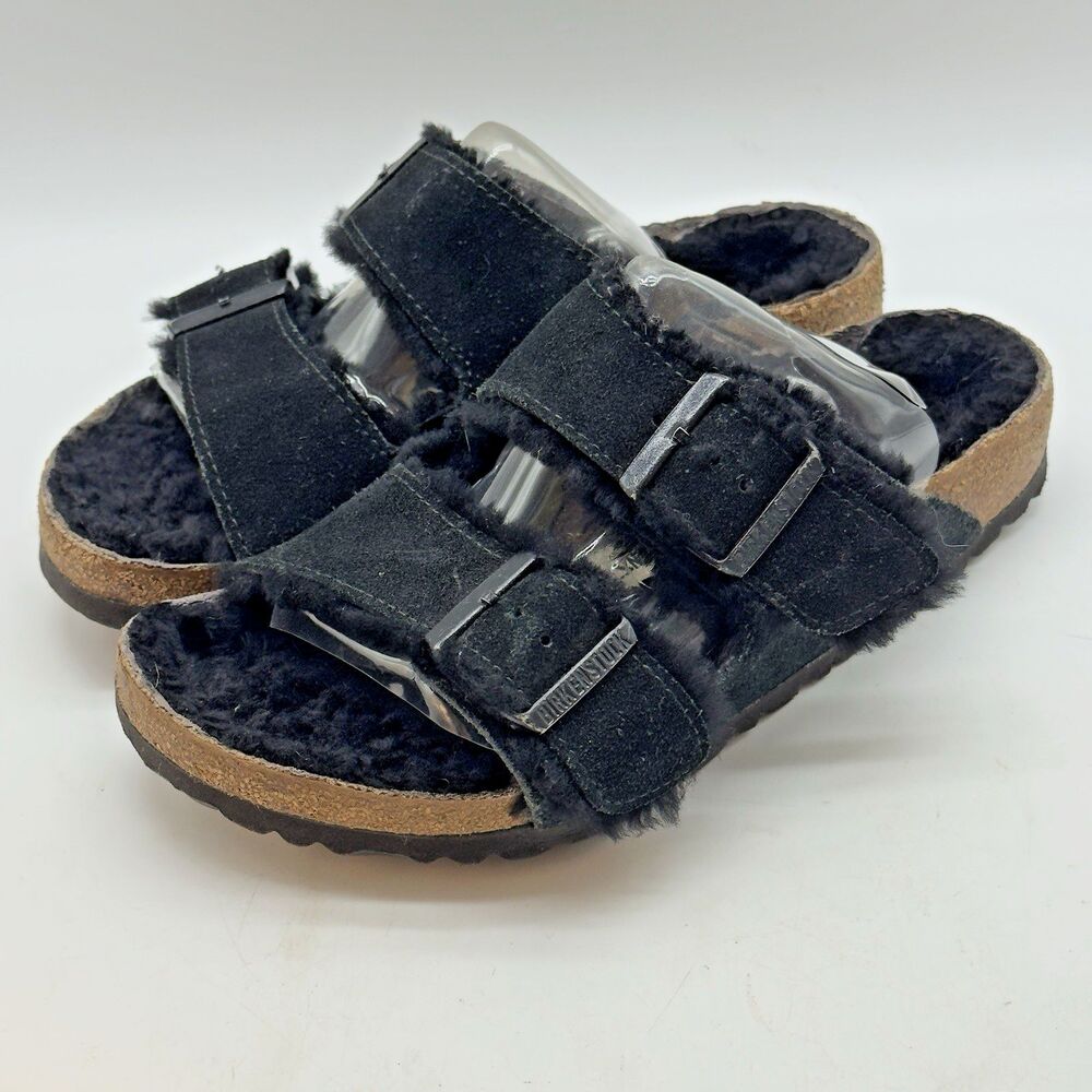 Birkenstock Arizona Shearling Suede Leather Women's 6 Black Double Buckle Sandal